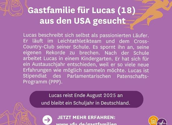 Mit Hobby Laufen: Für US-Austauschschüler (18) Gastfamilie ab Sommer gesucht!